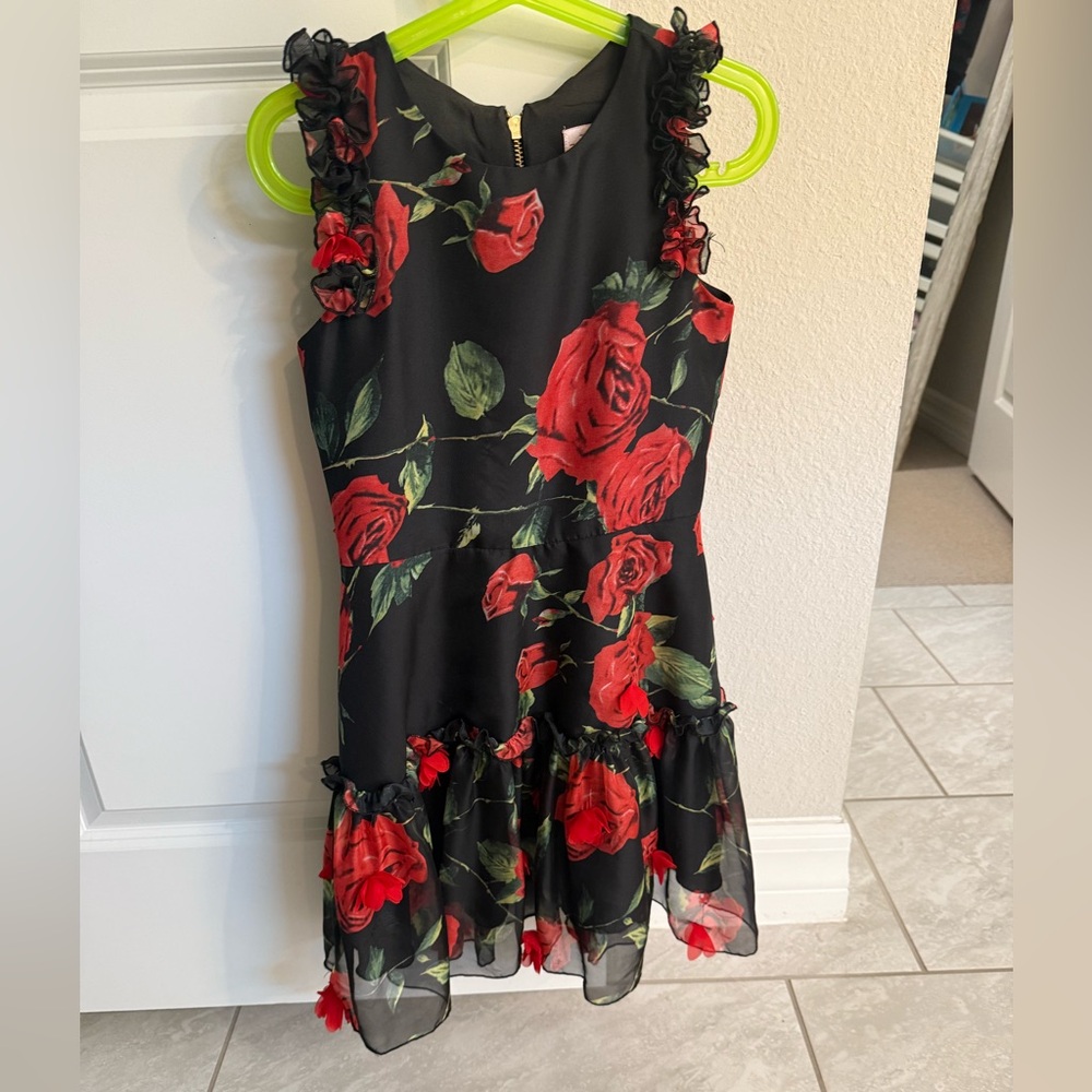 Zoe Ltd Black and Red Floral Kids Formal Dress